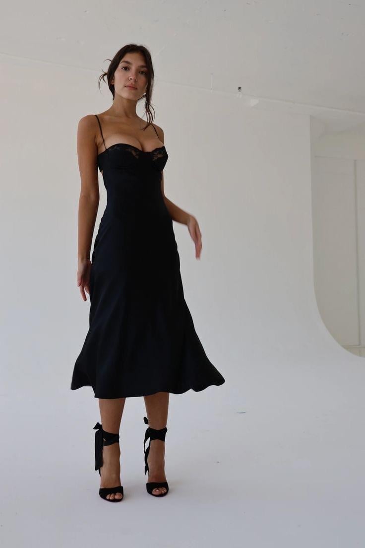 edde Black Satin Midi Dress